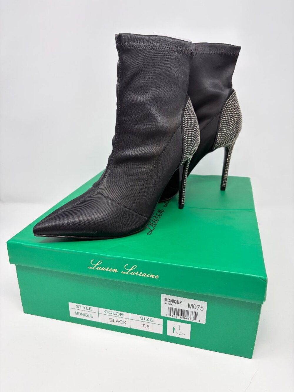 Lauren Lorraine Black Bedazzled Heeled  Ankle Boots Monique Size 7.5 New In Box